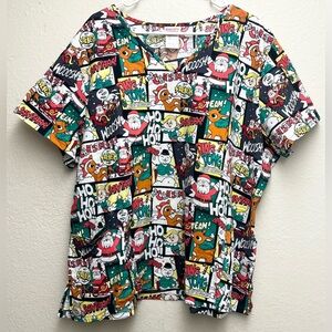Rudolph The Red-Nosed Reindeer Scrub Top XMAS Comic‎ Strip 3XL EUC (29”Pit-Pit)